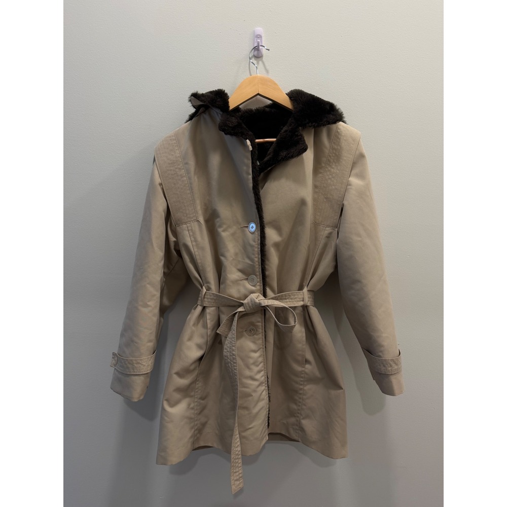 Vintage Beau Brummel USA Women's Trench Coat Faux Fur Lined Belted Beige